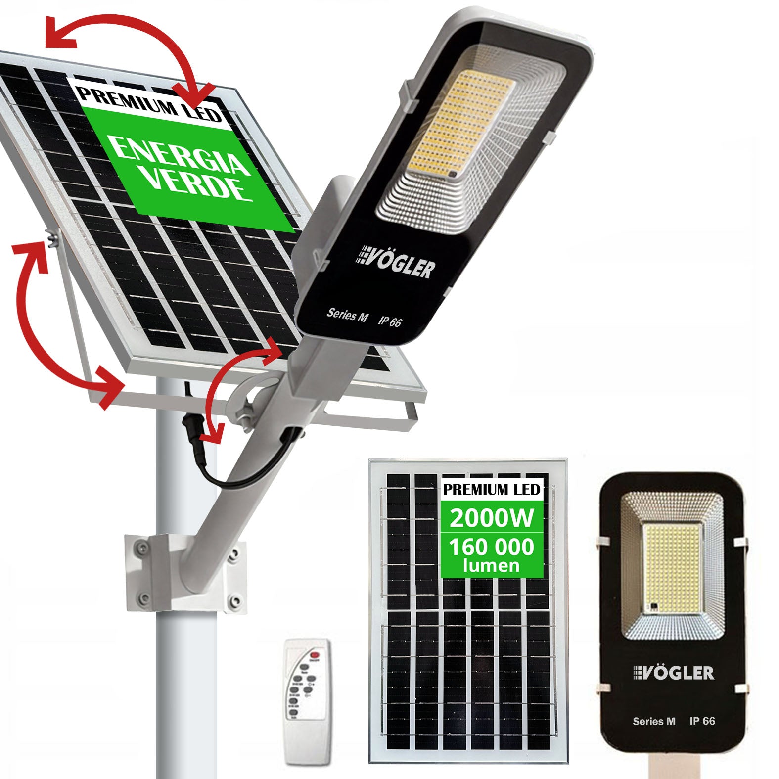 Potente luce solare, sensore crepuscolare, telecomando, Vögler Serie M 2000W