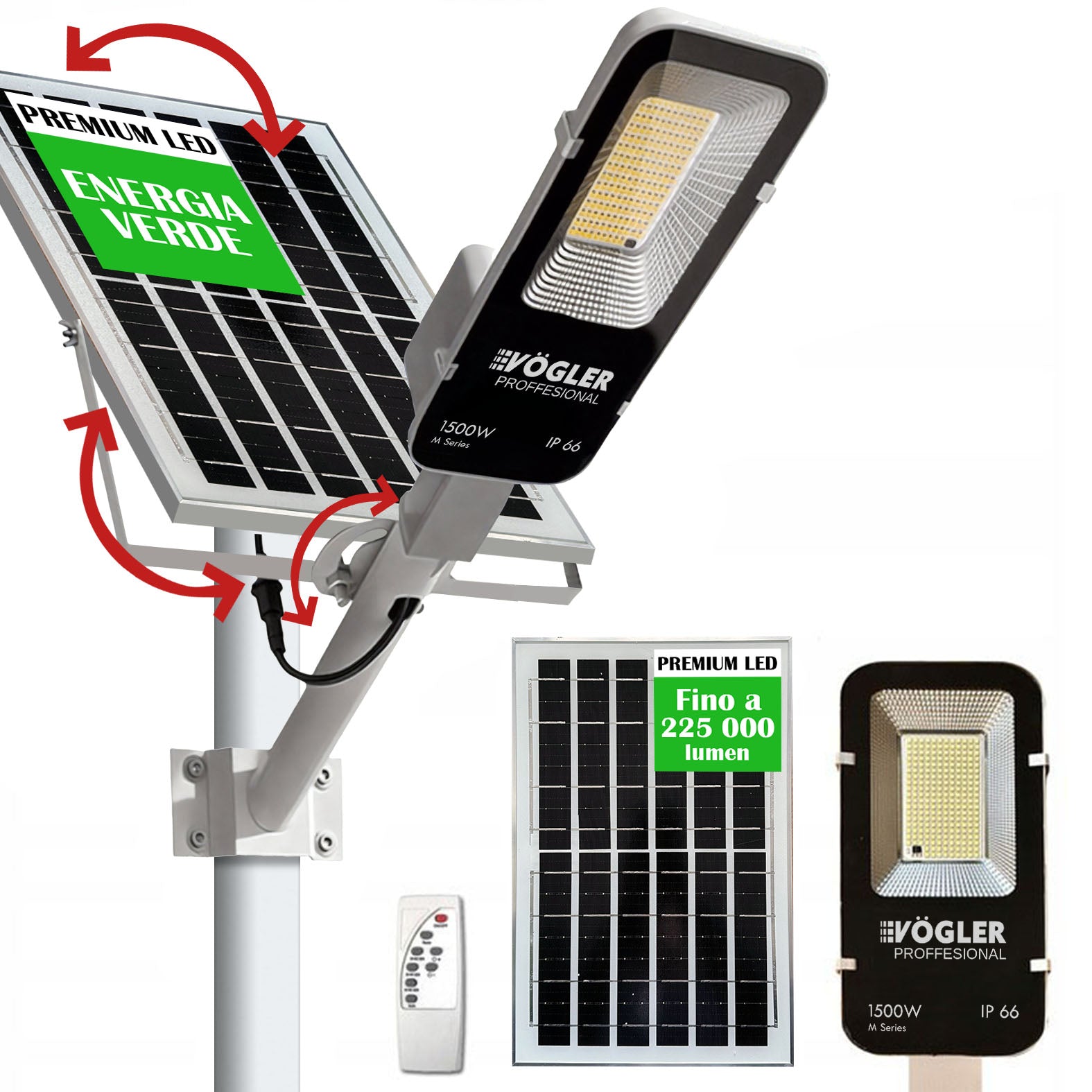 Potente lampada solare, sensore crepuscolare, telecomando, Vögler Professional 1500W