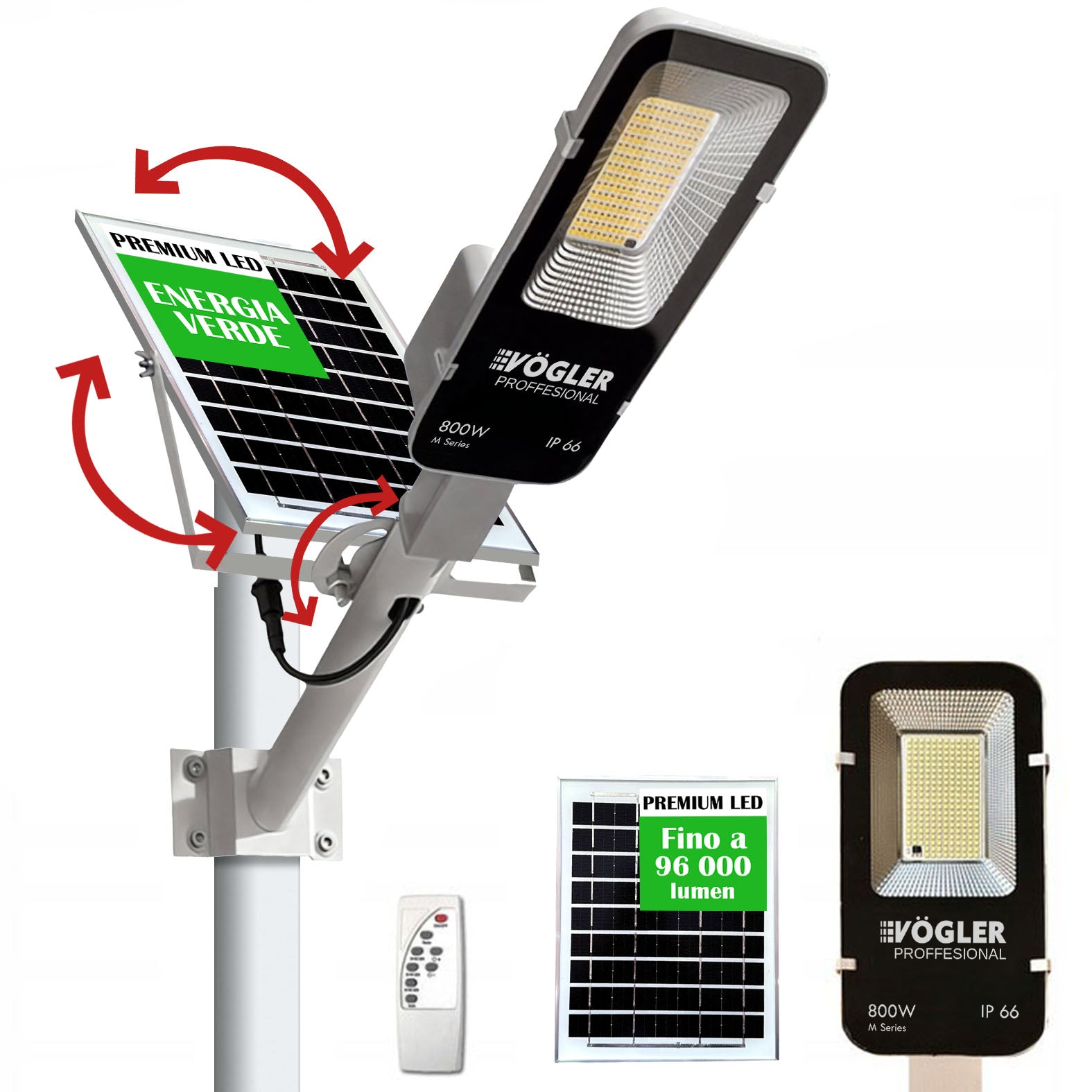 Potente lampada solare, sensore crepuscolare, telecomando, Vögler Professional 800W