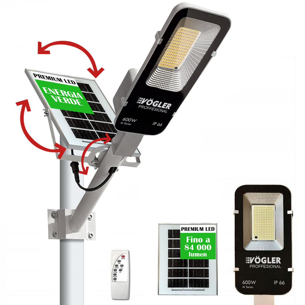 Potente lampada solare, sensore crepuscolare, telecomando, Vögler Professional 600W