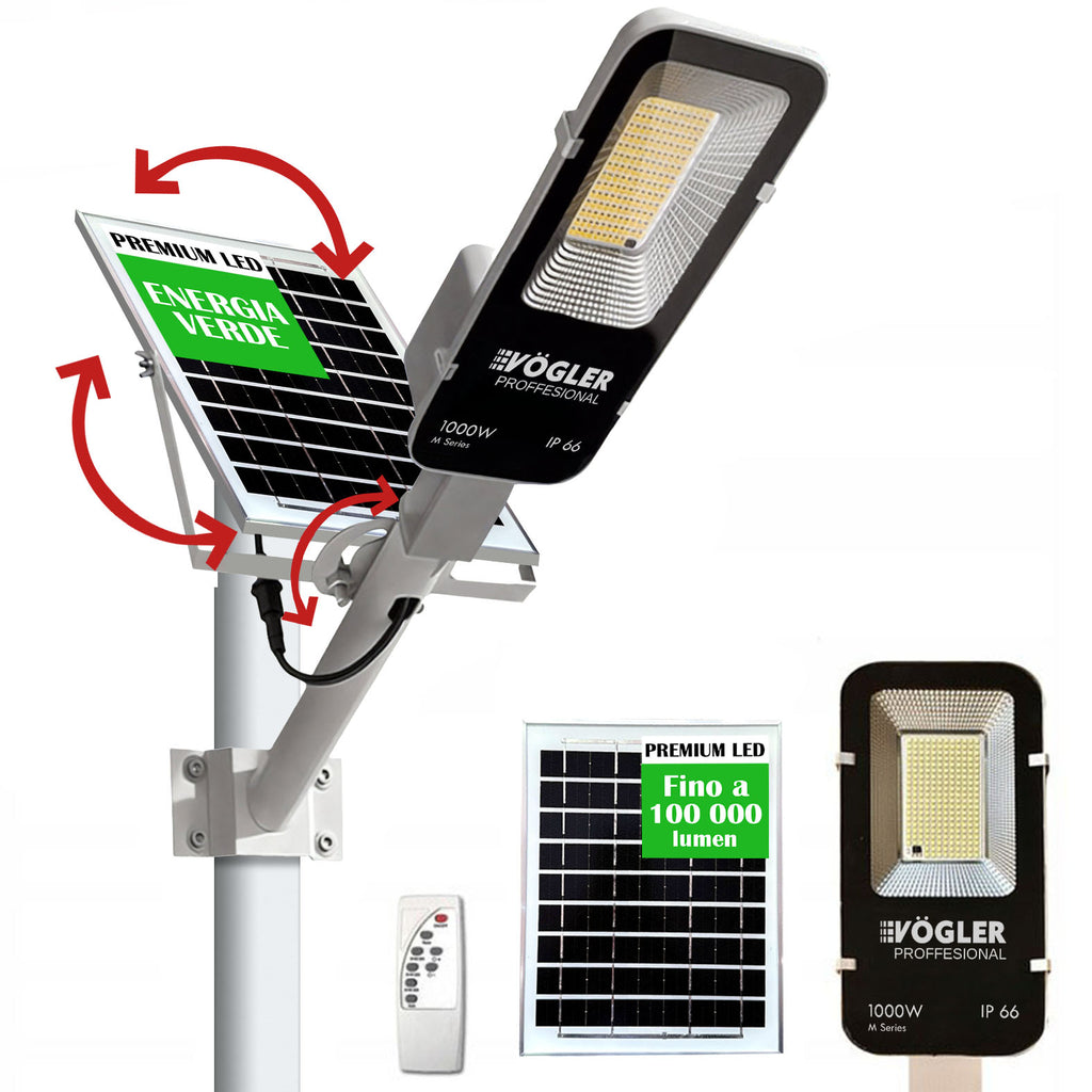 Potente lampada solare, sensore crepuscolare, telecomando, Vögler Professional 1000W