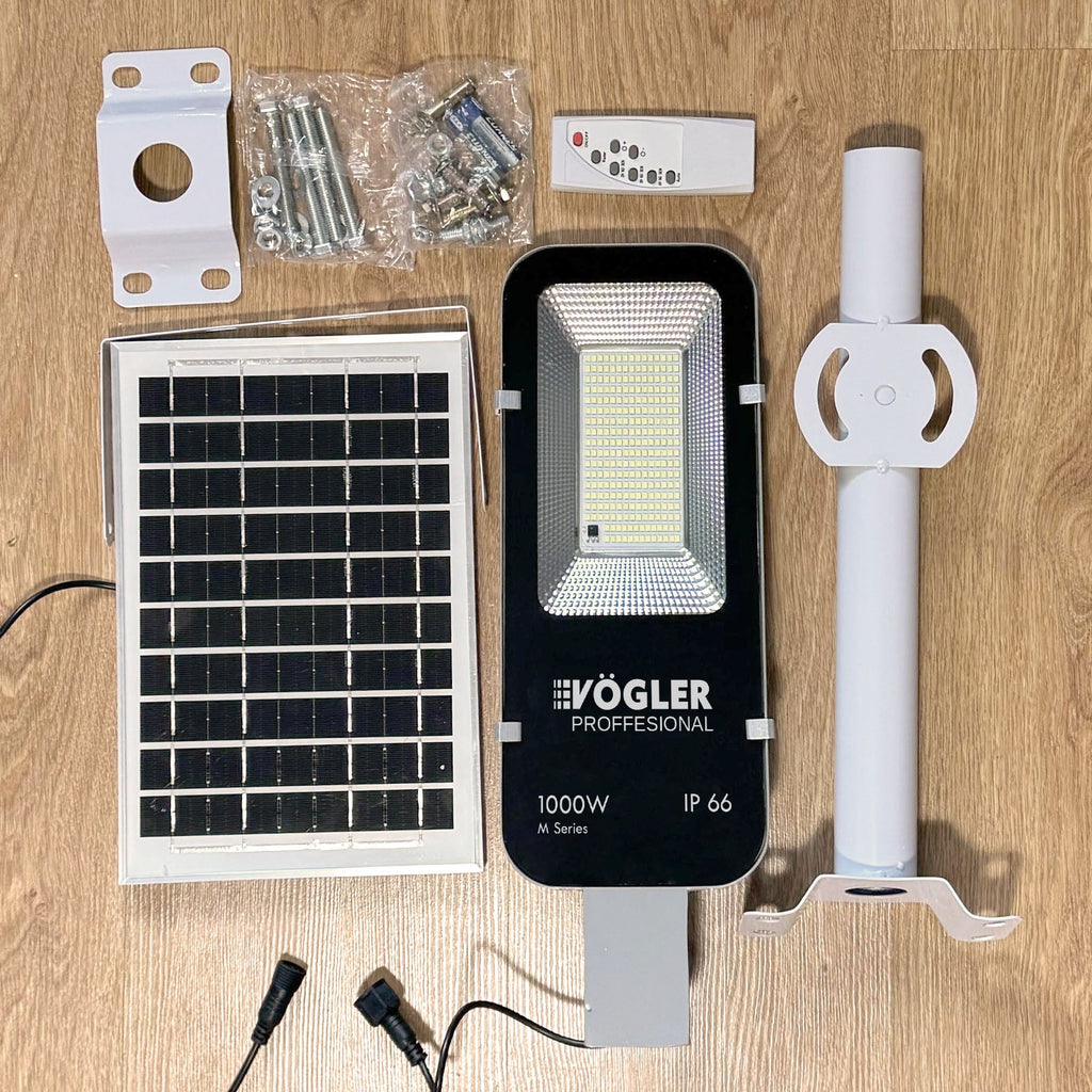 Potente lampada solare, sensore crepuscolare, telecomando, Vögler Professional 1000W