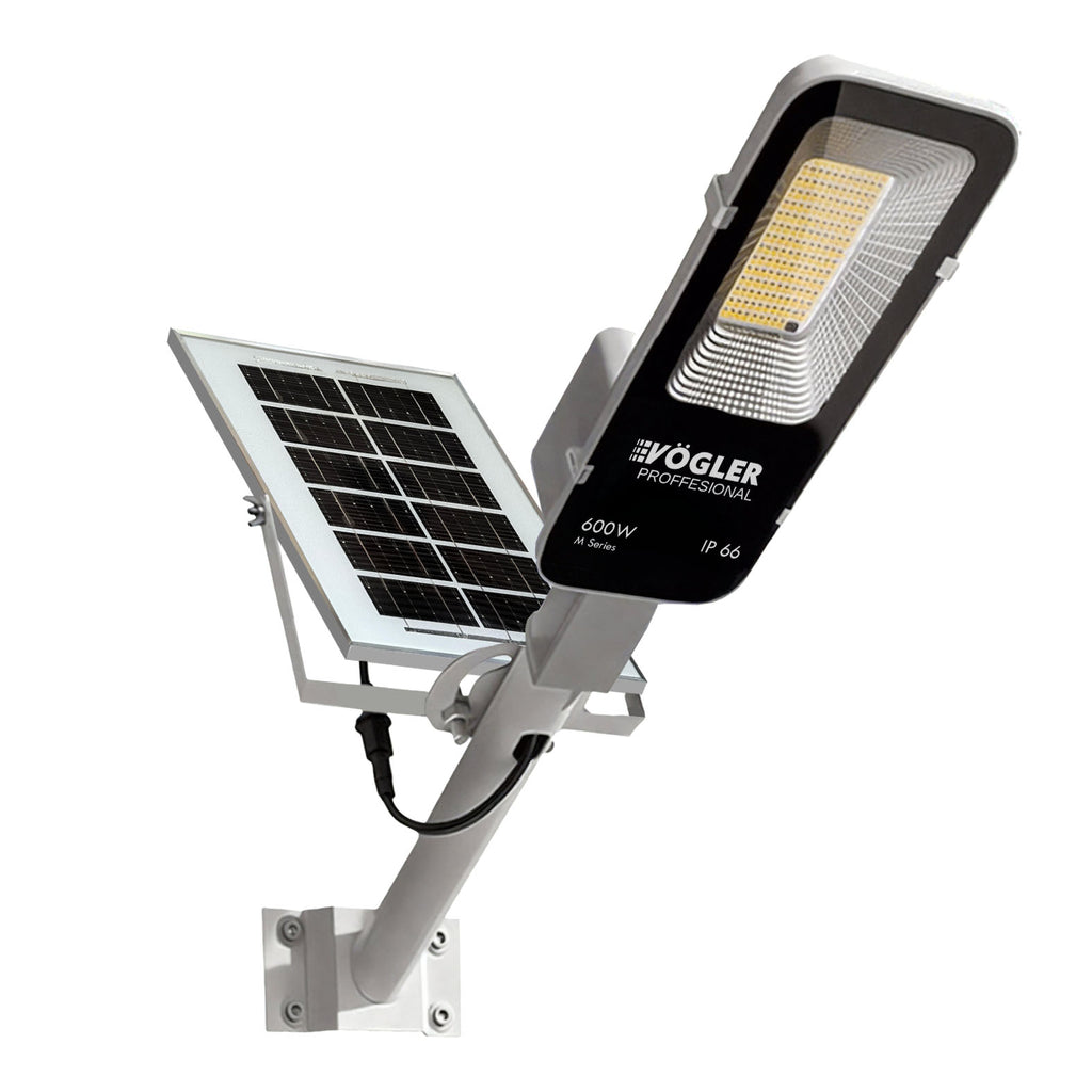 Potente lampada solare, sensore crepuscolare, telecomando, Vögler Professional 600W