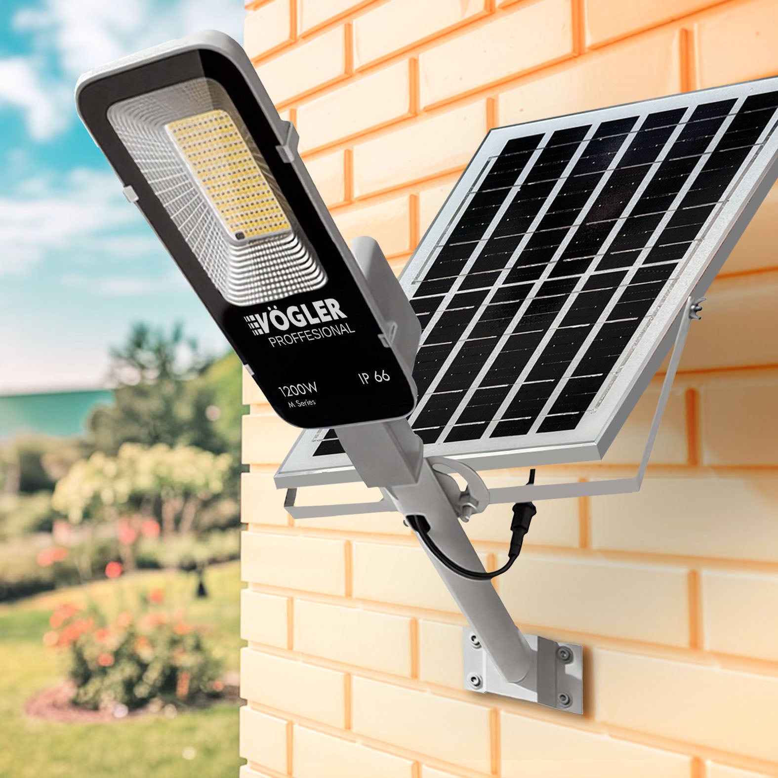 Potente lampada solare, sensore crepuscolare, telecomando, Vögler Professional 1200W