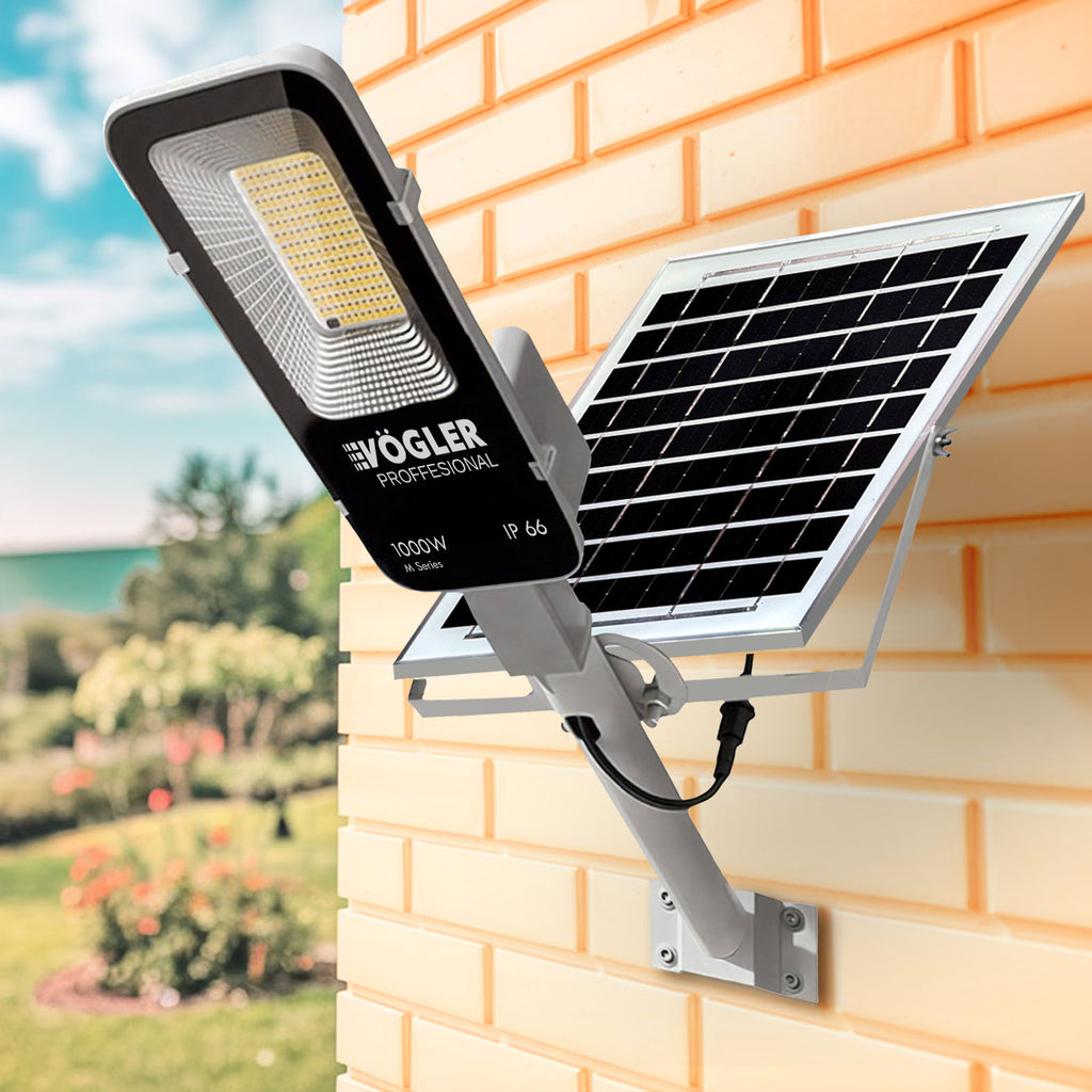 Potente lampada solare, sensore crepuscolare, telecomando, Vögler Professional 1000W