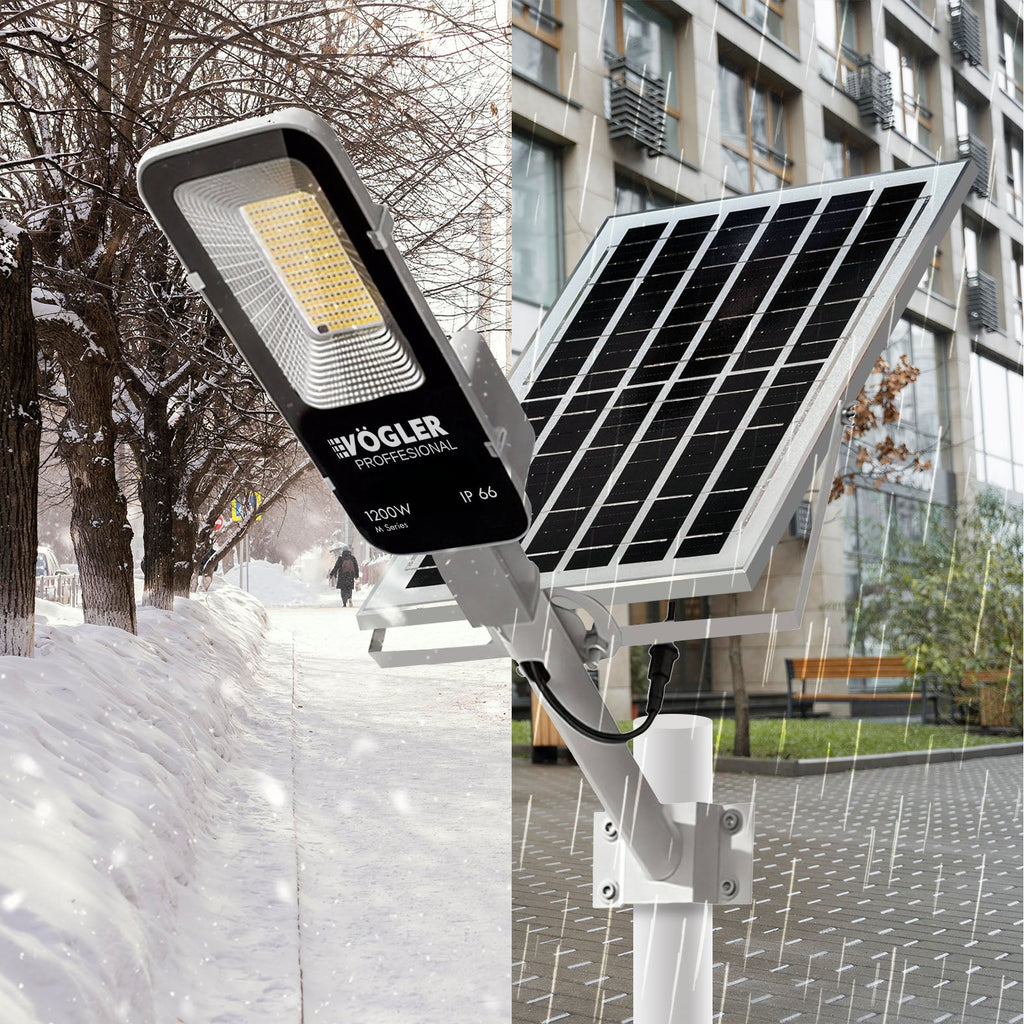 Potente lampada solare, sensore crepuscolare, telecomando, Vögler Professional 1200W