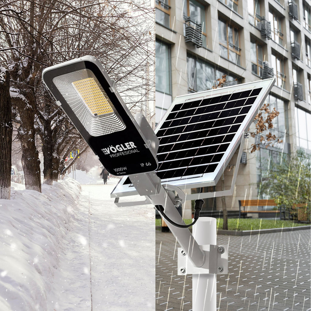 Potente lampada solare, sensore crepuscolare, telecomando, Vögler Professional 1000W