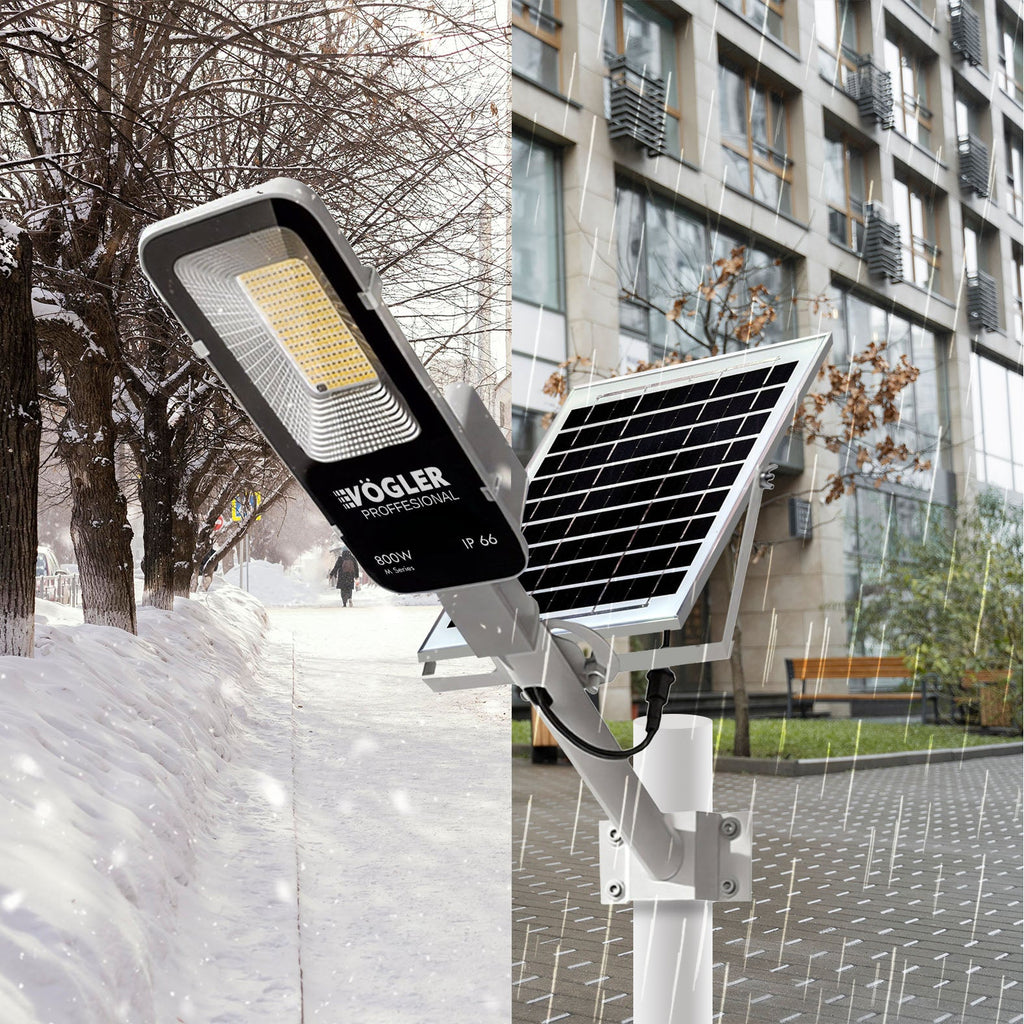 Potente lampada solare, sensore crepuscolare, telecomando, Vögler Professional 800W