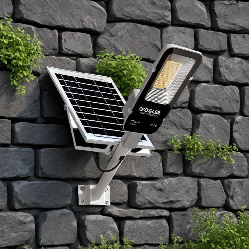 Potente lampada solare, sensore crepuscolare, telecomando, Vögler Professional 1000W