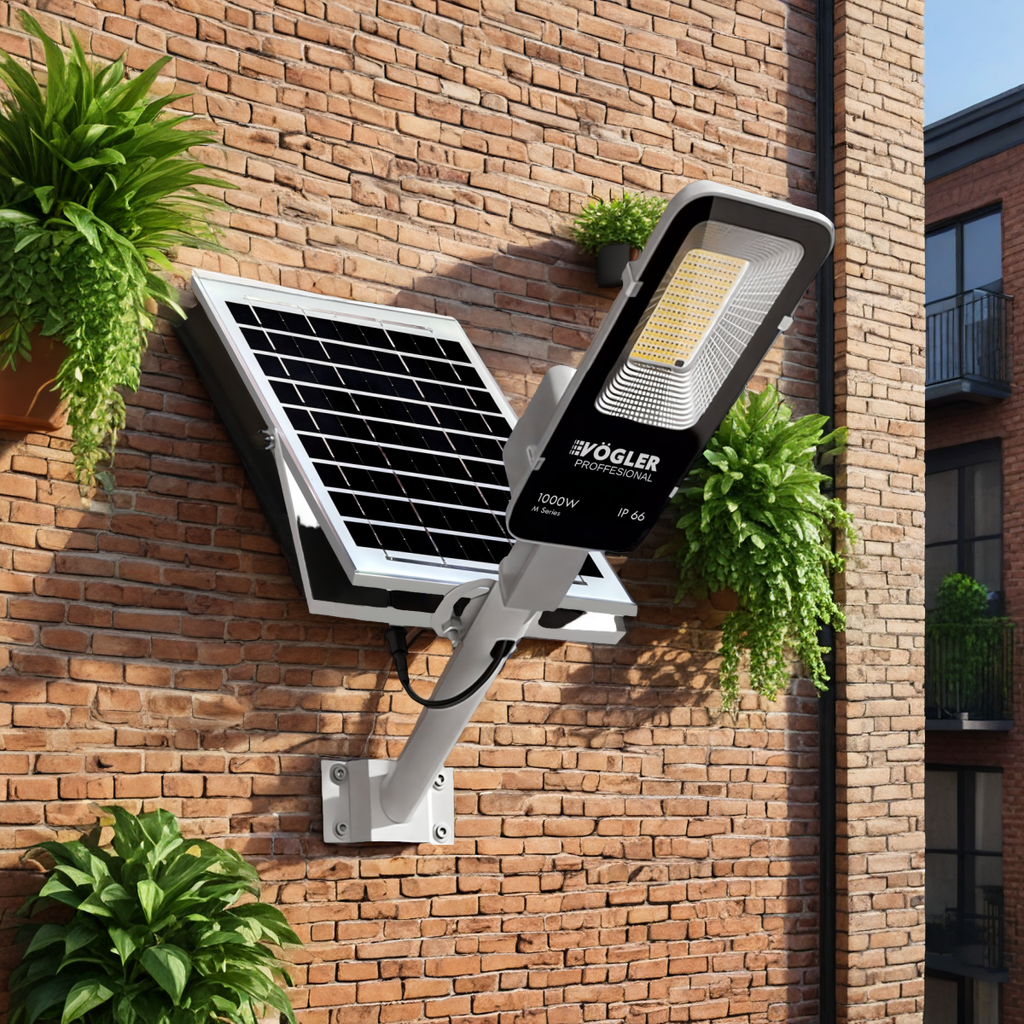 Potente lampada solare, sensore crepuscolare, telecomando, Vögler Professional 1000W