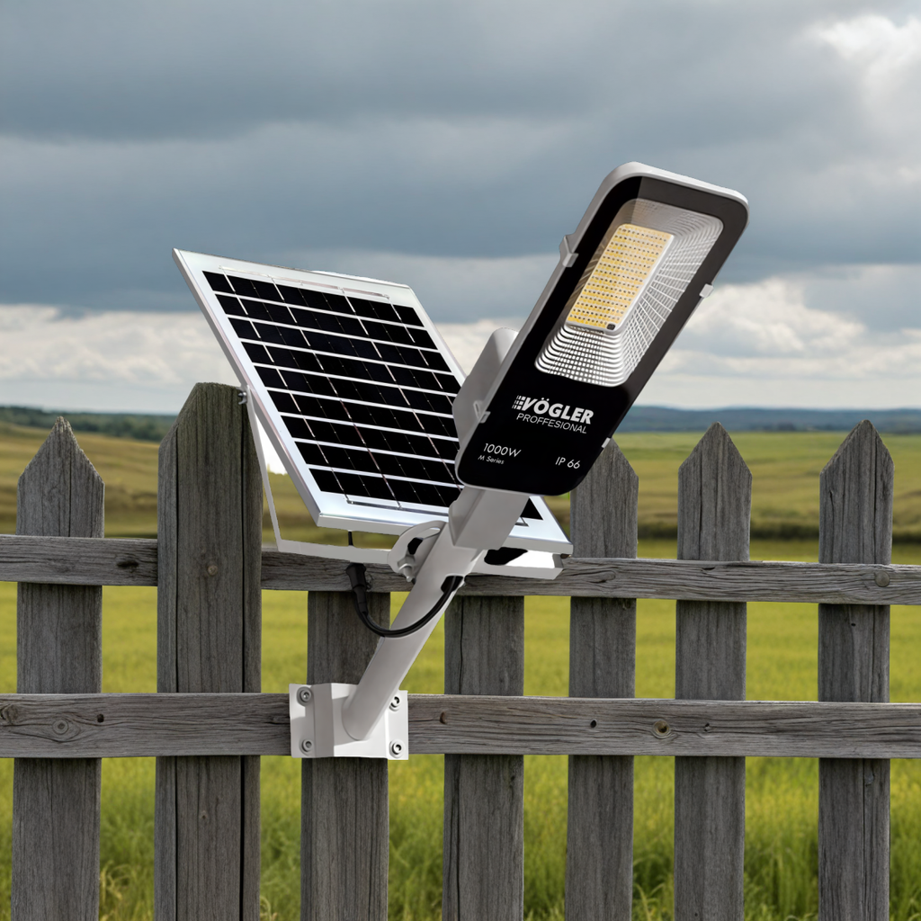 Potente lampada solare, sensore crepuscolare, telecomando, Vögler Professional 1000W