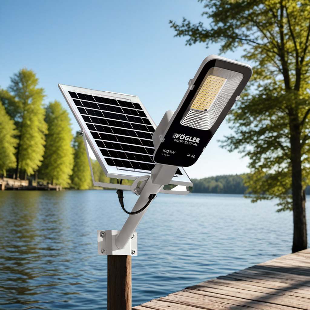 Potente lampada solare, sensore crepuscolare, telecomando, Vögler Professional 1000W
