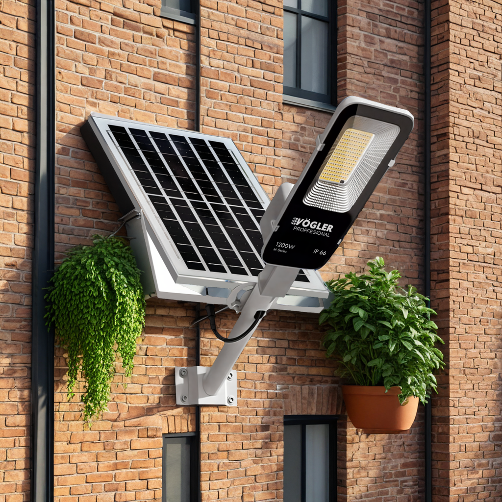 Potente lampada solare, sensore crepuscolare, telecomando, Vögler Professional 1200W