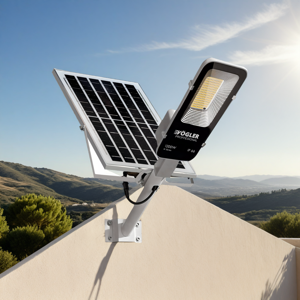 Potente lampada solare, sensore crepuscolare, telecomando, Vögler Professional 1200W