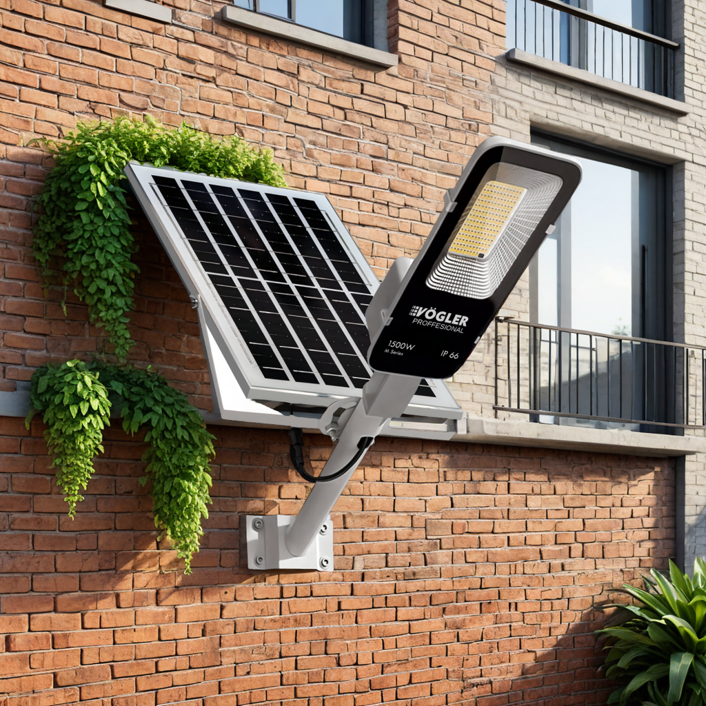 Potente lampada solare, sensore crepuscolare, telecomando, Vögler Professional 1500W
