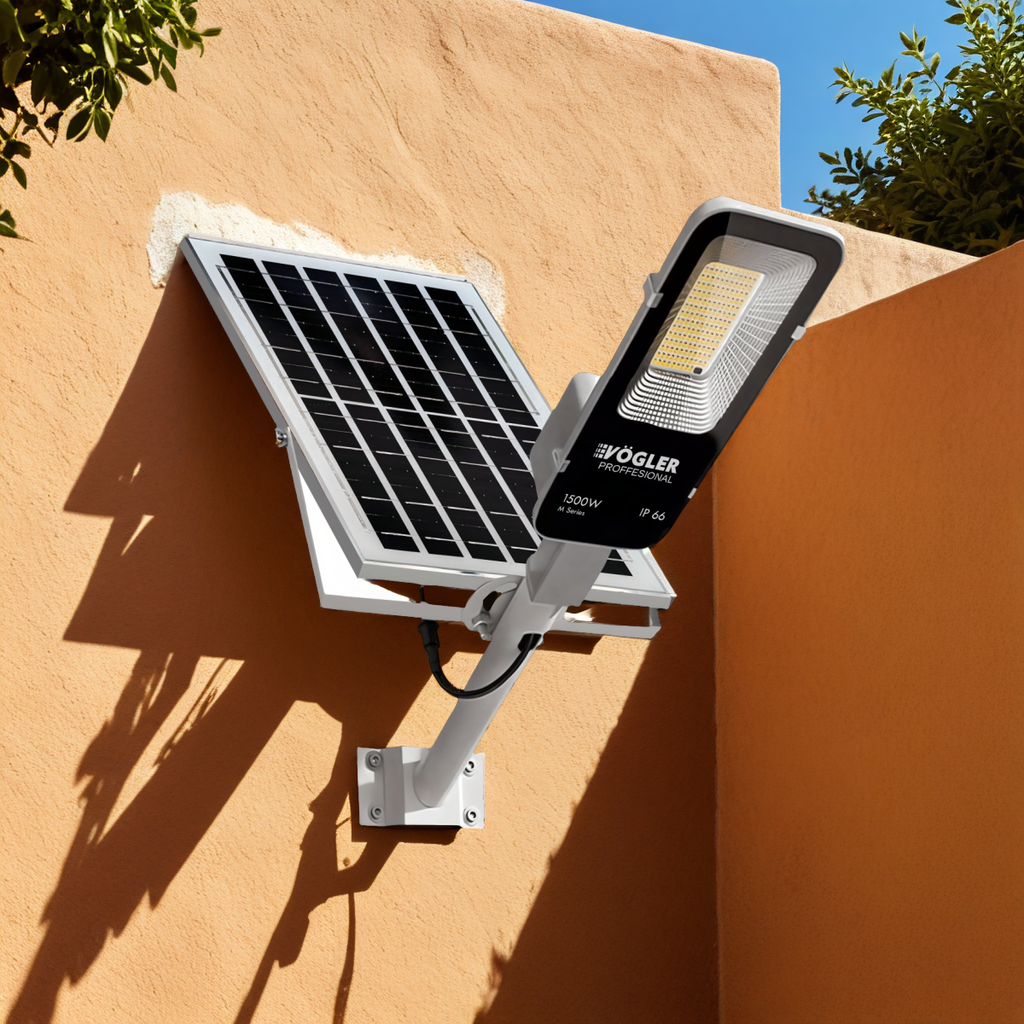 Potente lampada solare, sensore crepuscolare, telecomando, Vögler Professional 1500W