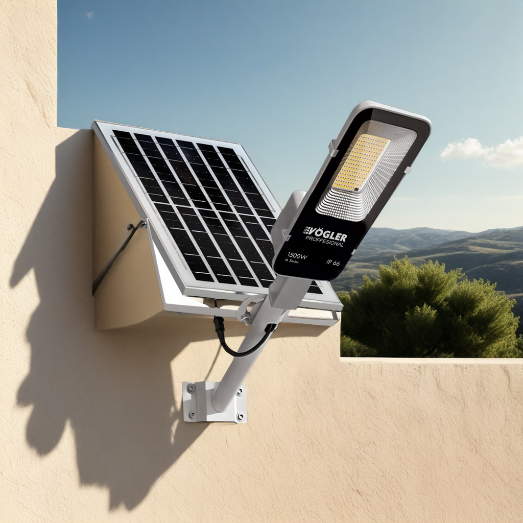 Potente lampada solare, sensore crepuscolare, telecomando, Vögler Professional 1500W