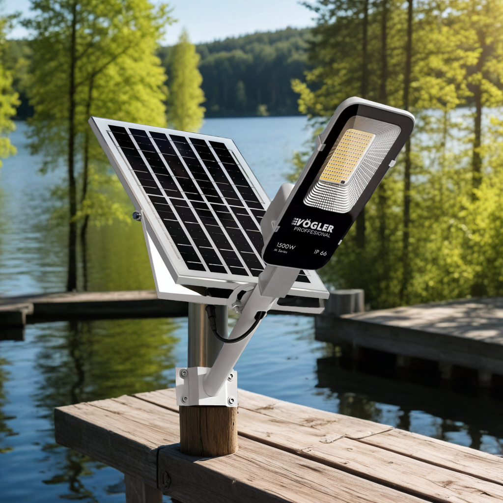Potente lampada solare, sensore crepuscolare, telecomando, Vögler Professional 1500W