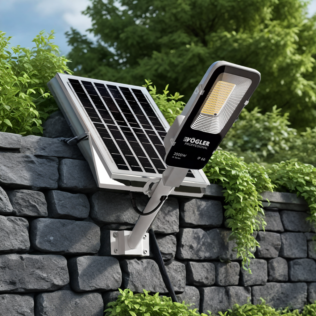 Potente lampada solare, sensore crepuscolare, telecomando, Vögler Professional 2000W