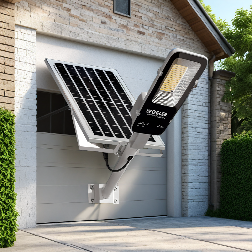 Potente lampada solare, sensore crepuscolare, telecomando, Vögler Professional 2000W