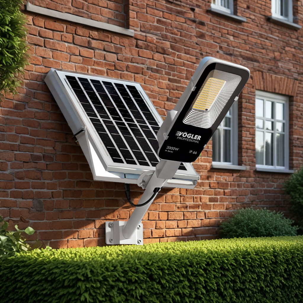 Potente lampada solare, sensore crepuscolare, telecomando, Vögler Professional 2000W