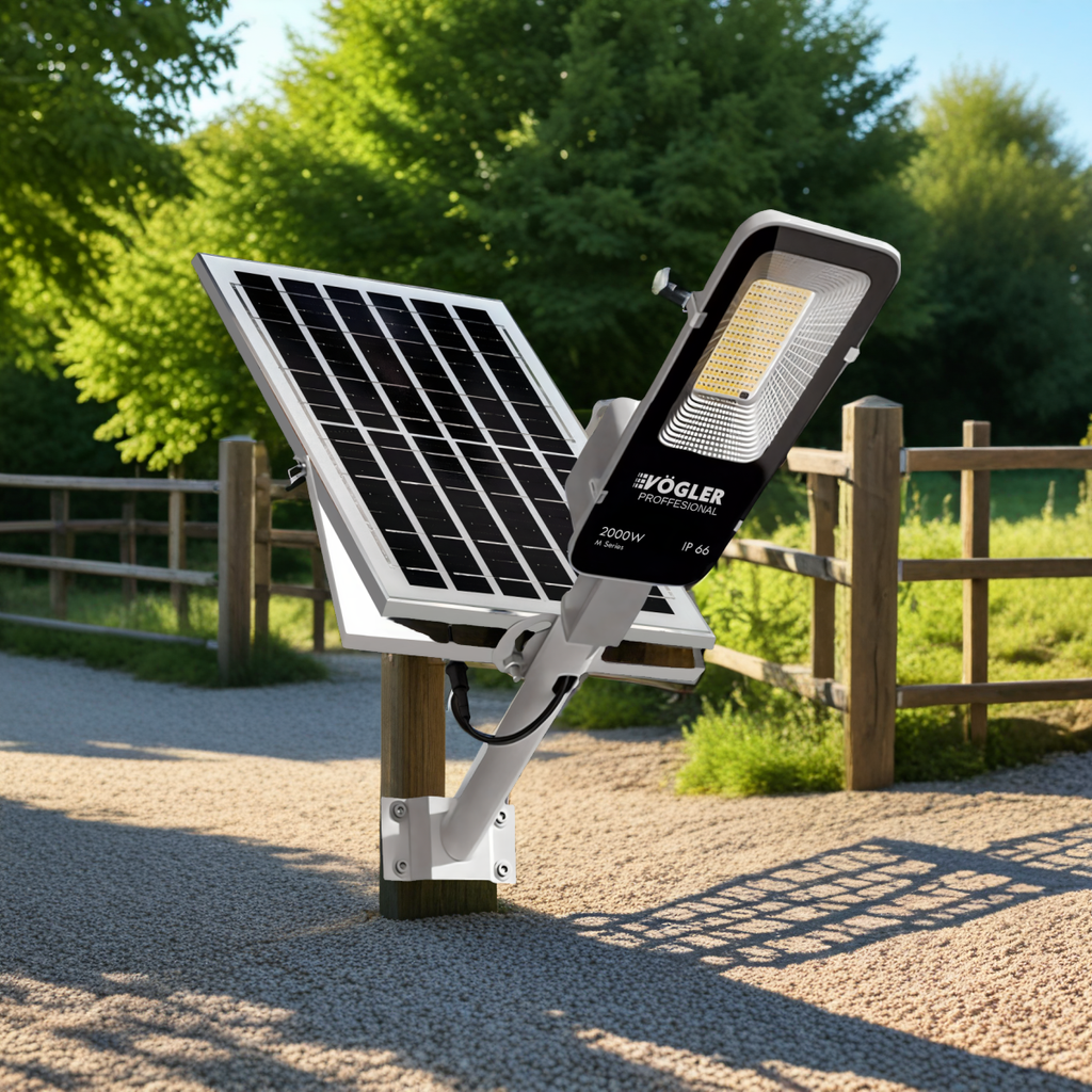 Potente lampada solare, sensore crepuscolare, telecomando, Vögler Professional 2000W