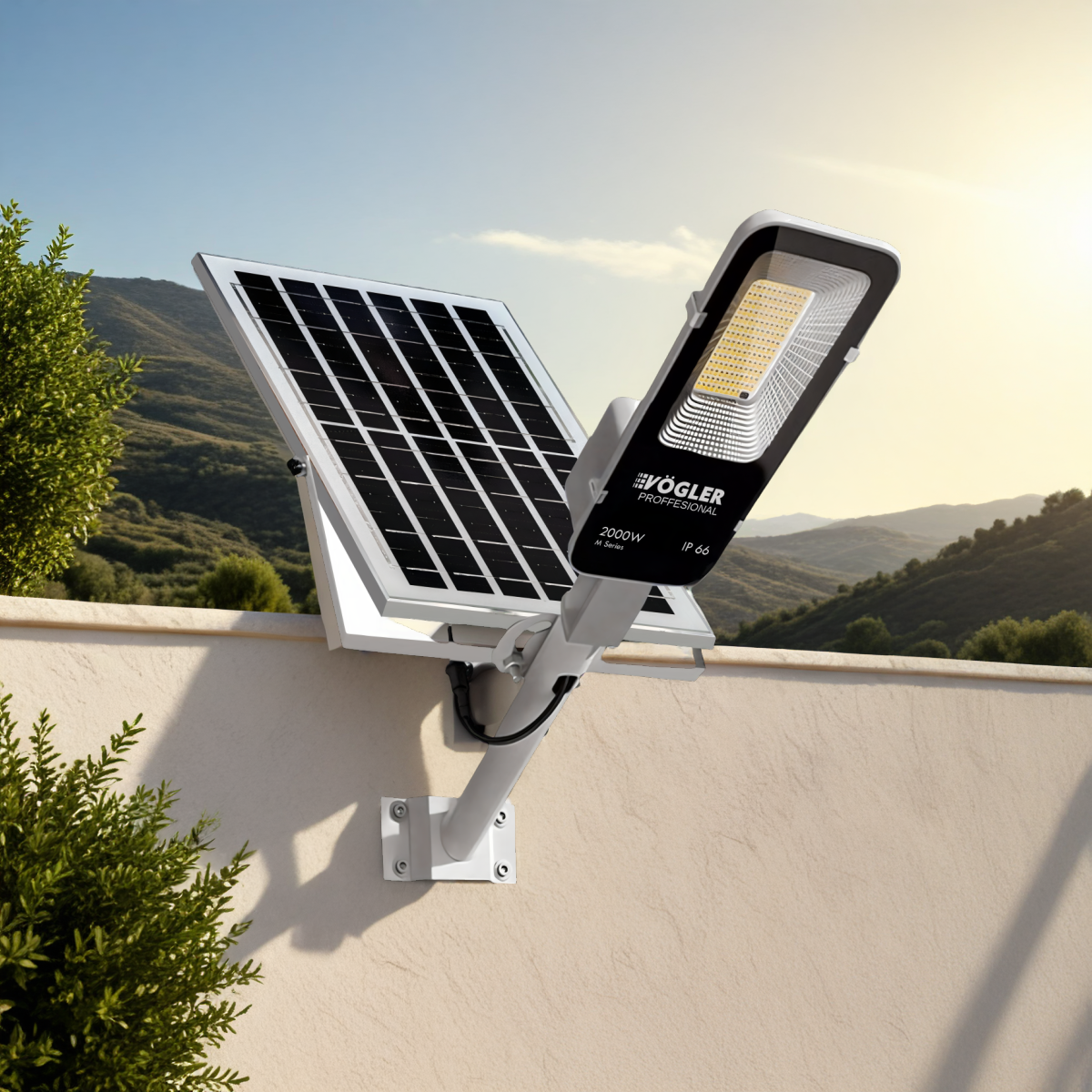 Potente lampada solare, sensore crepuscolare, telecomando, Vögler Professional 2000W