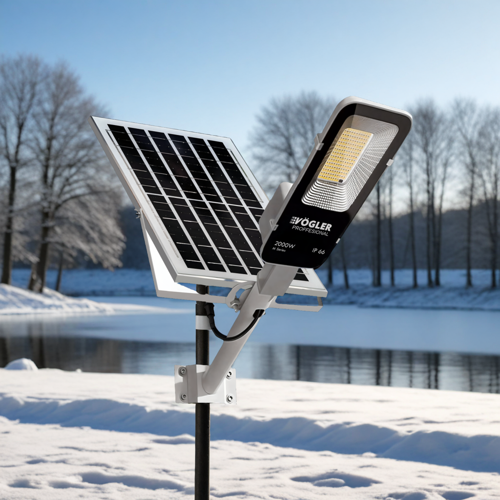 Potente lampada solare, sensore crepuscolare, telecomando, Vögler Professional 2000W