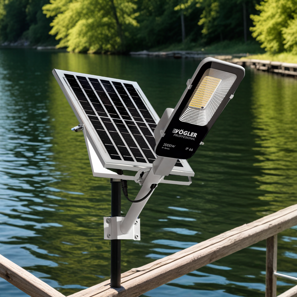 Potente lampada solare, sensore crepuscolare, telecomando, Vögler Professional 2000W