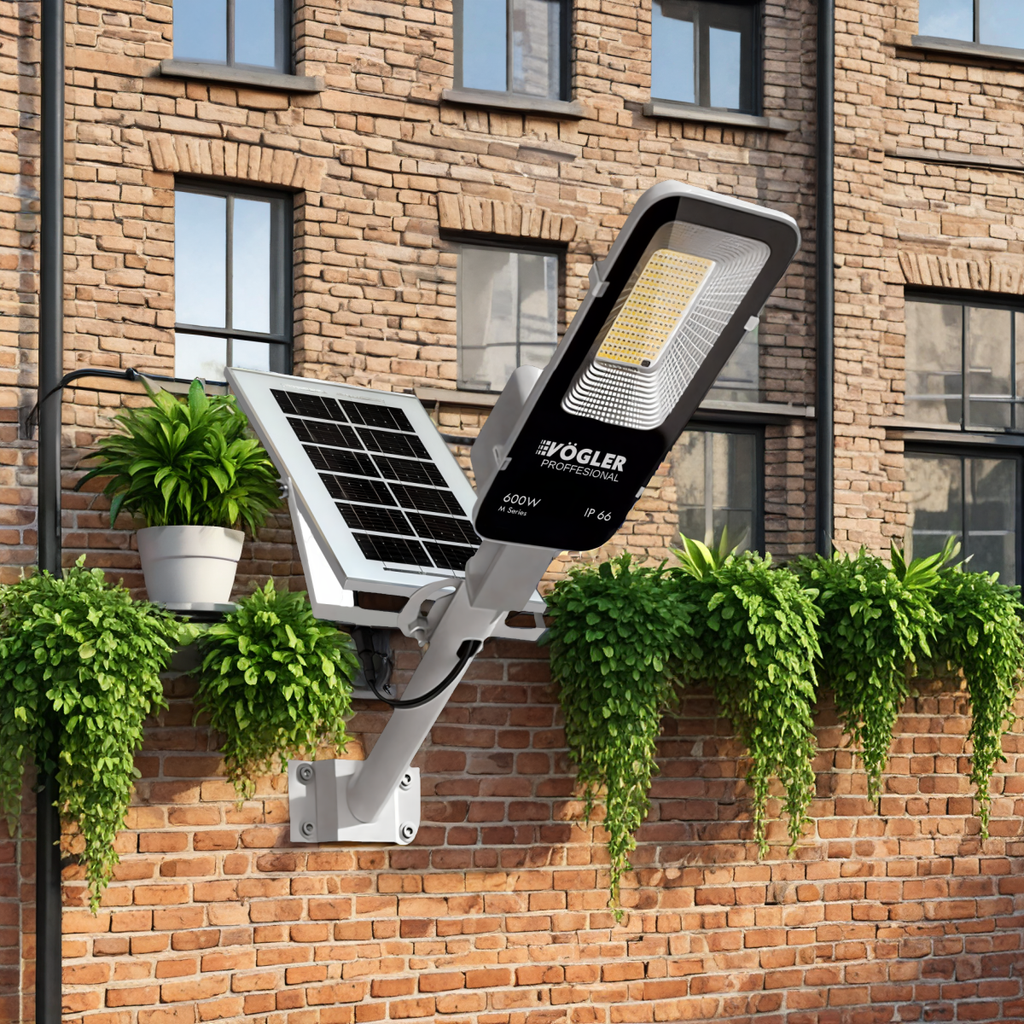 Potente lampada solare, sensore crepuscolare, telecomando, Vögler Professional 600W