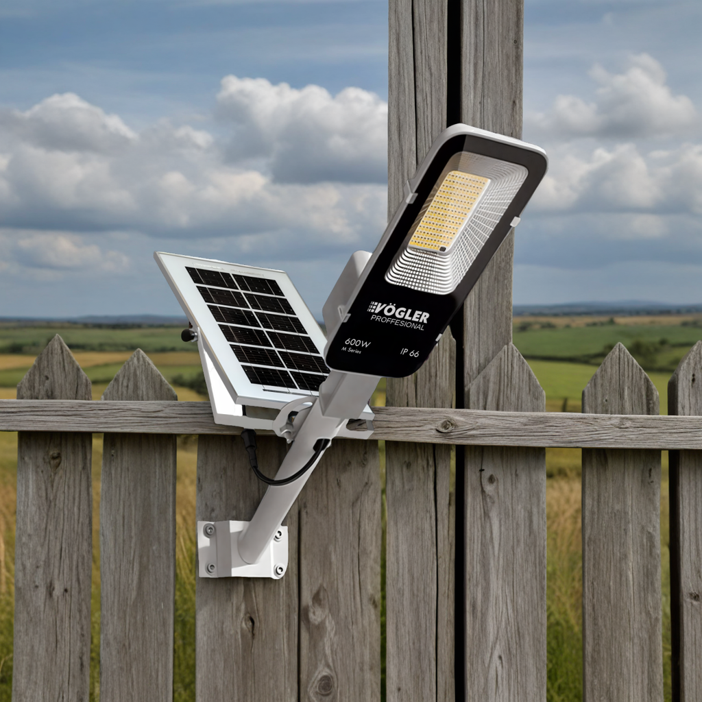Potente lampada solare, sensore crepuscolare, telecomando, Vögler Professional 600W