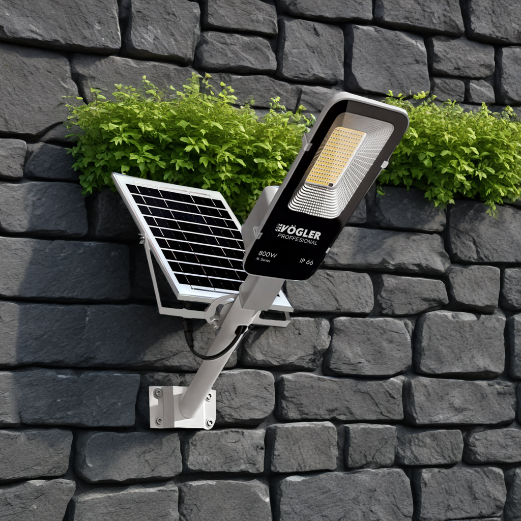Potente lampada solare, sensore crepuscolare, telecomando, Vögler Professional 800W