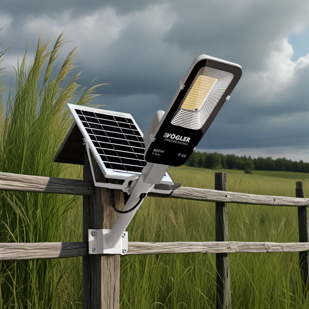 Potente lampada solare, sensore crepuscolare, telecomando, Vögler Professional 800W