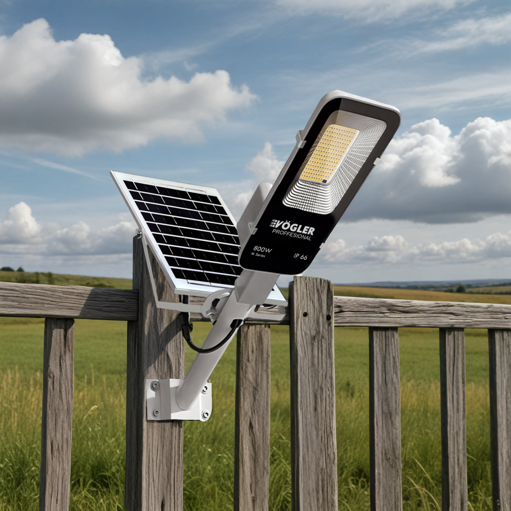 Potente lampada solare, sensore crepuscolare, telecomando, Vögler Professional 800W
