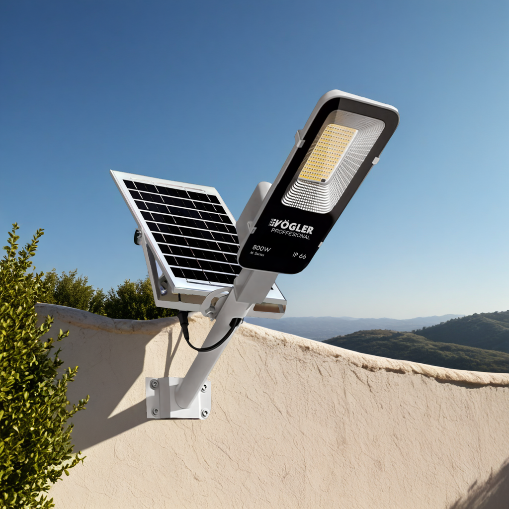 Potente lampada solare, sensore crepuscolare, telecomando, Vögler Professional 800W
