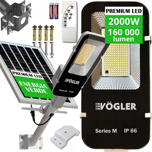 Potente luce solare, sensore crepuscolare, telecomando, Vögler Serie M 2000W
