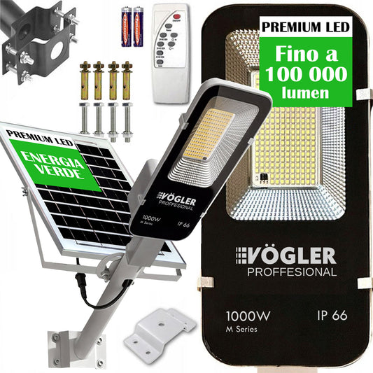 Potente lampada solare, sensore crepuscolare, telecomando, Vögler Professional 1000W