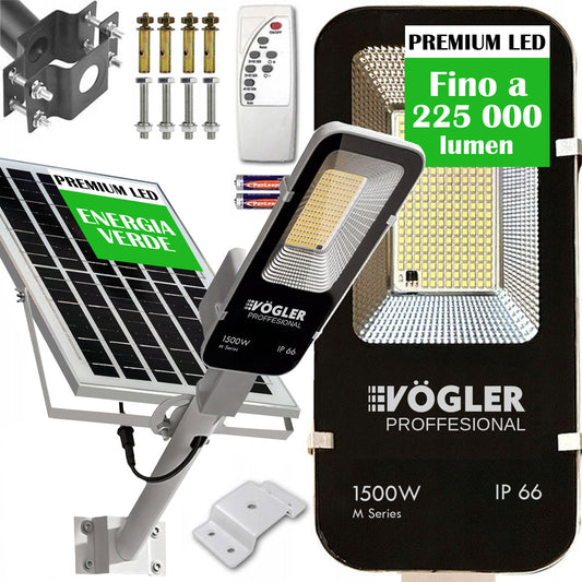 Potente lampada solare, sensore crepuscolare, telecomando, Vögler Professional 1500W