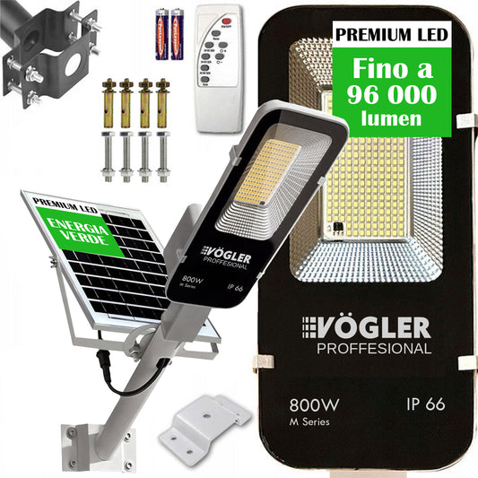 Potente lampada solare, sensore crepuscolare, telecomando, Vögler Professional 800W