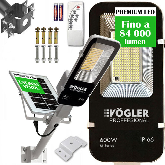 Potente lampada solare, sensore crepuscolare, telecomando, Vögler Professional 600W