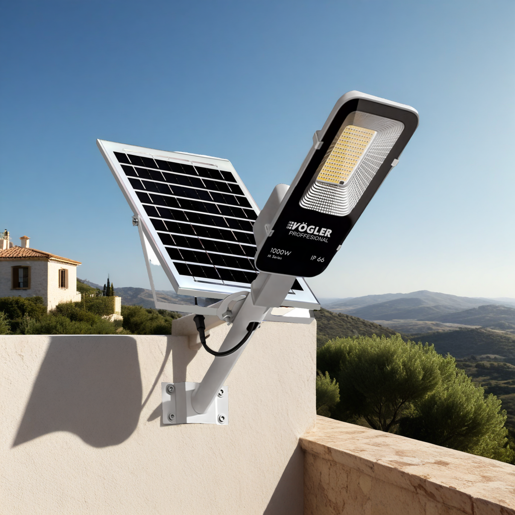 Potente lampada solare, sensore crepuscolare, telecomando, Vögler Professional 1000W